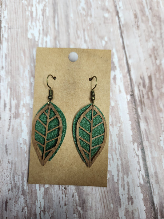 Faux Leather + Wood Leaf Earrings 1