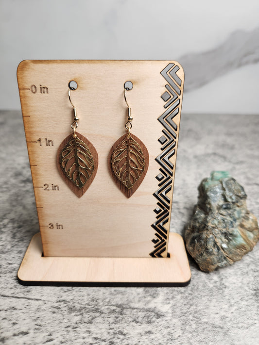 Wood + Gold Metal Leaf Earrings