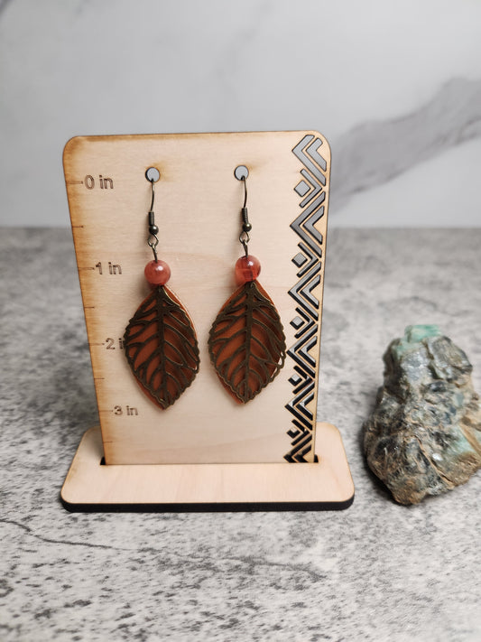 Faux Leather +Copper Metal Leaf Earrings